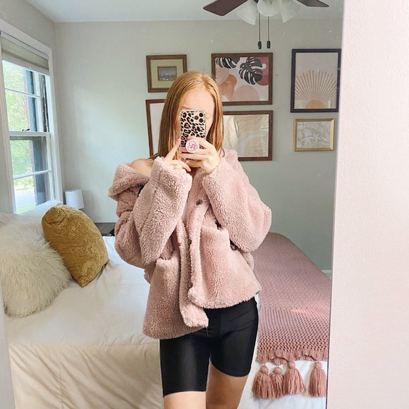 Jackets & Blazers - Blush Pink Fuzzy Hooded Teddy Jacket